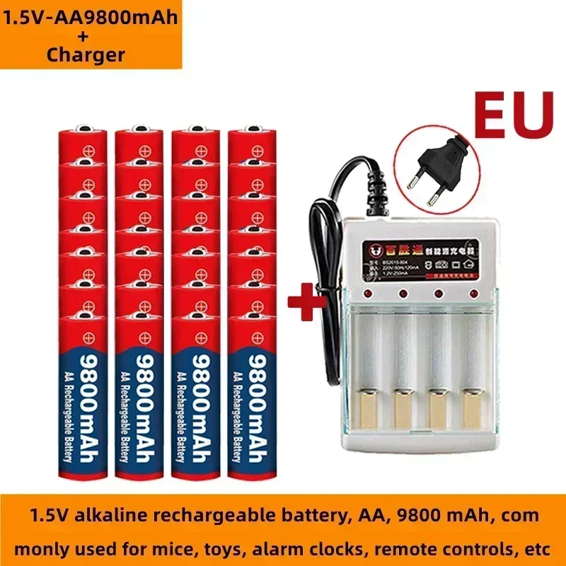 

1.5V alkaline rechargeable battery, AA, 9800 mAh, sold with charger, usually used for mice, alarm clocks, remote controls, etc