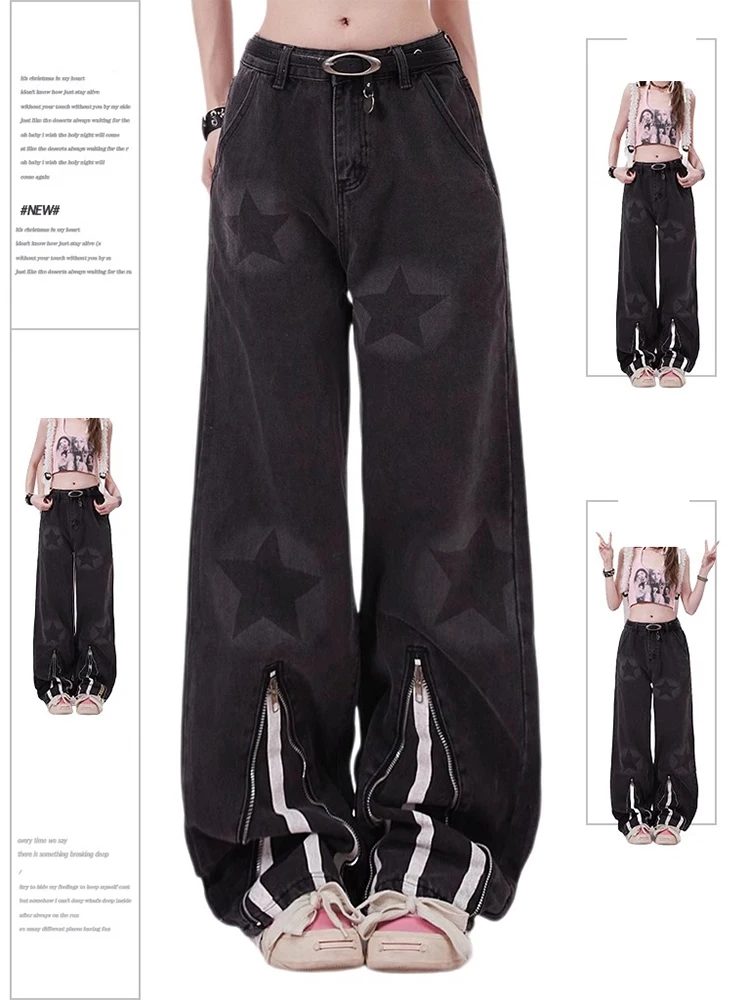 

Women Black Gothic Star Jeans Vintage Cowboy Pants Harajuku Baggy Punk Denim Trousers Y2k Oversize Trashy 2000s Emo Clothes 2024
