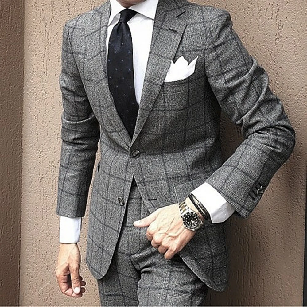 

Grey Men's Suits Forma Business Office Plaid Check Coat Vest Pants 3 Pieces Formal Groom Wedding Tuxedo Tailor-Made Man Clothing