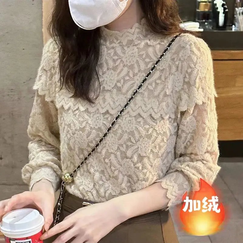 Women Lace Shirts Pullover Tshirts Korean Fashiopn Slim Hollow Out Fleece Lined Knitwear Sexy Warm Fall Winter Bottoming Shirts
Women Lace Shirts Pullover Tshirts Korean Fashiopn Slim Hollow Out Fleece Lined Knitwear Sexy Warm Fall Winter Bottoming Shirts
