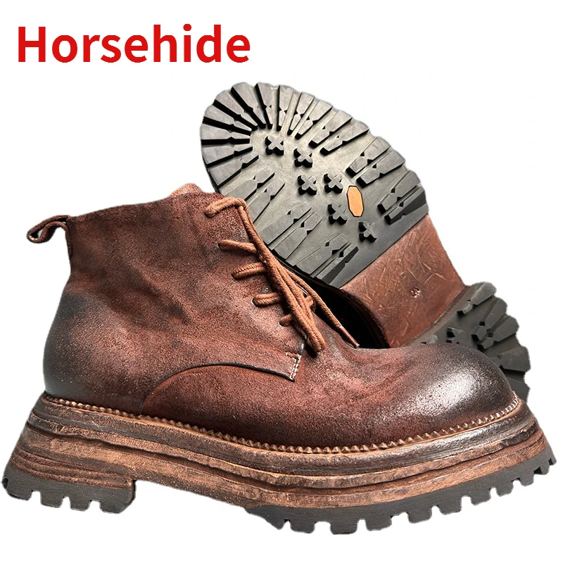 

Couple's Retro Heavy Industry Designs Horsehide Shoes for Men Elevated Boots Horse Leather Goodyear Handmade Outdoor Boots Woman
