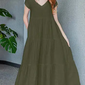 Vestido de Verão Feminino Elegante com Rendas Ocas e Babados 11 ZANZEA Woman Elegant Pleated Dress Solid Color Short Sleeve V-Neck Dresses Fashion Party Long Sundress Casual Beach VestidO 2023