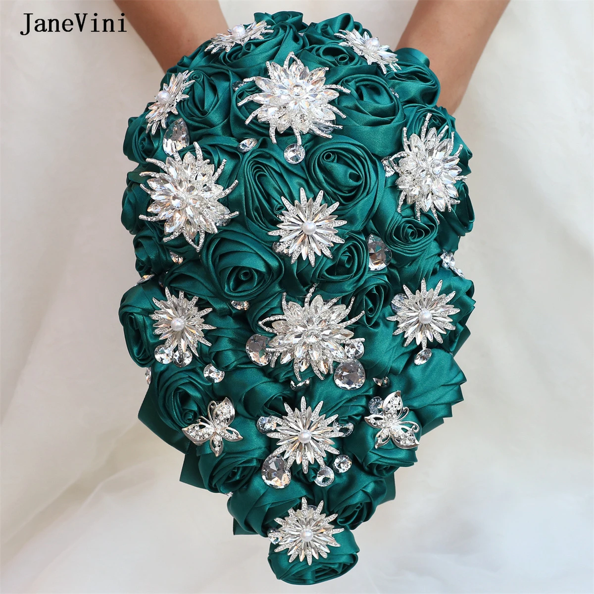 

JaneVini 2024 Dark Green Flowers Cascading Bridal Bouquets Luxury Diamond Artificial Satin Roses Waterfall Bride Wedding Bouquet