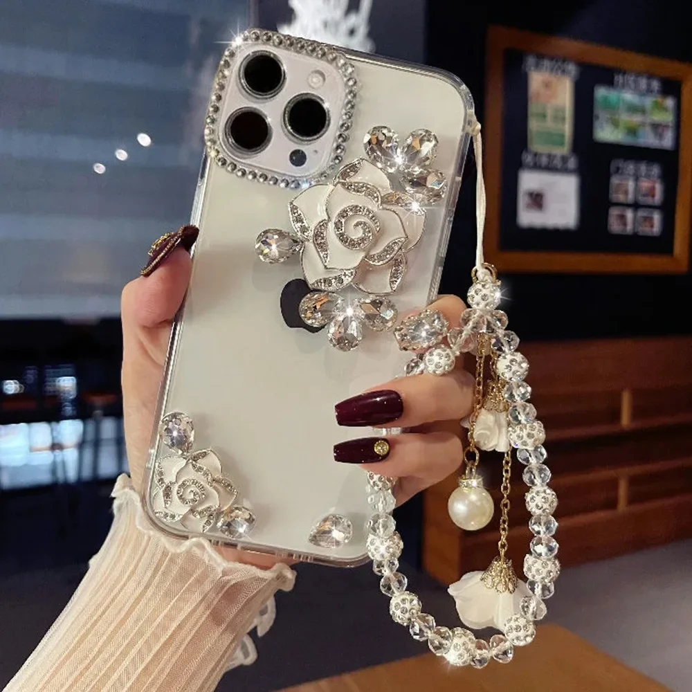 

Bling Luxury Diamond Camellia Flower Strap Phone Case For iphone 15Pro 14Plus 13 Pro 12 Mini 11Pro MAX XSMAX XR 7 8 PLUS Covers