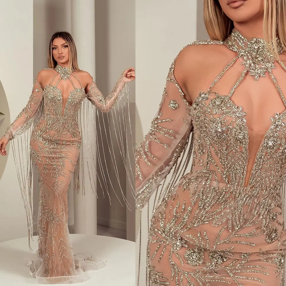 Luxurious Beads Evening Dresses High Neck Tassel Mermaid Prom Dress New Designed Sexy Champagne Formal Party Gowns
Luxurious Beads Evening Dresses High Neck Tassel Mermaid Prom Dress New Designed Sexy Champagne Formal Party Gowns