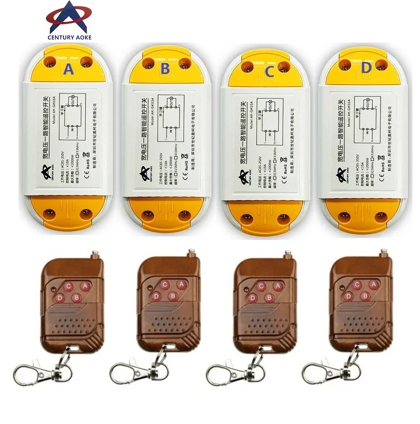 AC220V 110V 85-240V 1CH 10A RF Wireless Remote Control Switch System 4 A1 transmitter & 4 receiver Smart Home Switch
AC220V 110V 85-240V 1CH 10A RF Wireless Remote Control Switch System 4 A1 transmitter & 4 receiver Smart Home Switch