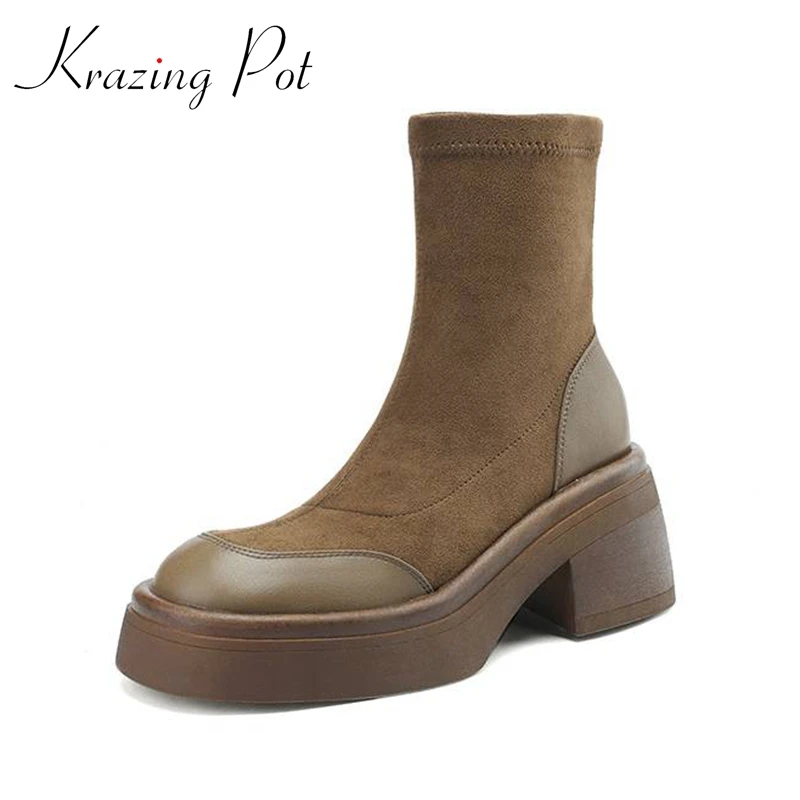 Krazing Pot 2024 Cow Leather Round Toe Thick Heels Fashion Winter Elastic Boots Flat Platform Slip On Plus Size 42 Ankle Boots
Krazing Pot 2024 Cow Leather Round Toe Thick Heels Fashion Winter Elastic Boots Flat Platform Slip On Plus Size 42 Ankle Boots