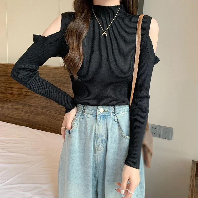 

Turtleneck Pullover Sweater Women Off Shoulder Tops Autumn Winter New Solid Sueters De Mujer Knitted Long Sleeve Pull Femme