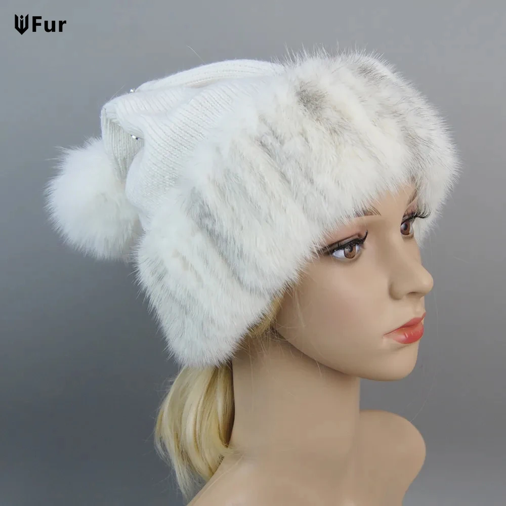 

Top Quality Women's Winter Knitted Wool Belend Patchwork Real Mink Fur Hat Cap Natural Fox Fur Pom Poms Beanie Lady Fashion