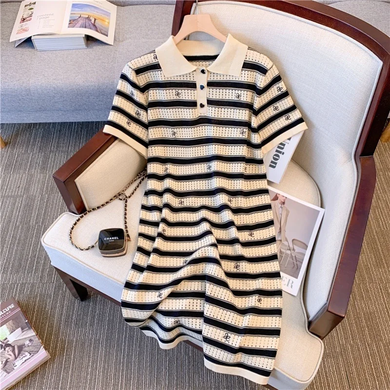 

Korean Striped Polo Collar Women's Dress High Street Short Sleeve Long Dresses Causal Knitting High Waist Loose A-Line Dress