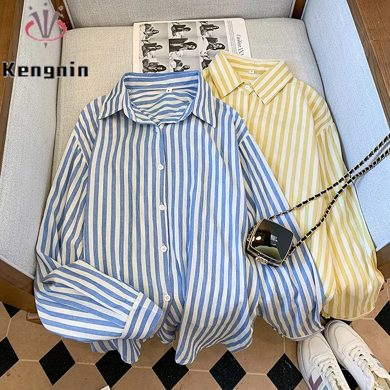 

Blue Striped Long Sleeve Women's Shirts 2024 Spring Summer Casual Office Lady Work Blouse Loose Female Tops Clothes Blause KN613