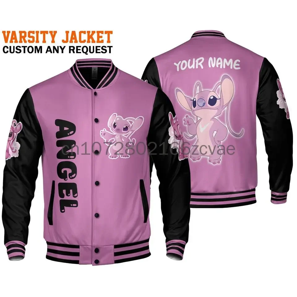 

Free Custom Name Stitch and Angel Couple Love Baseball Jacket Disney Casual Baseball Jacket Oversize Street Men's and Women's J