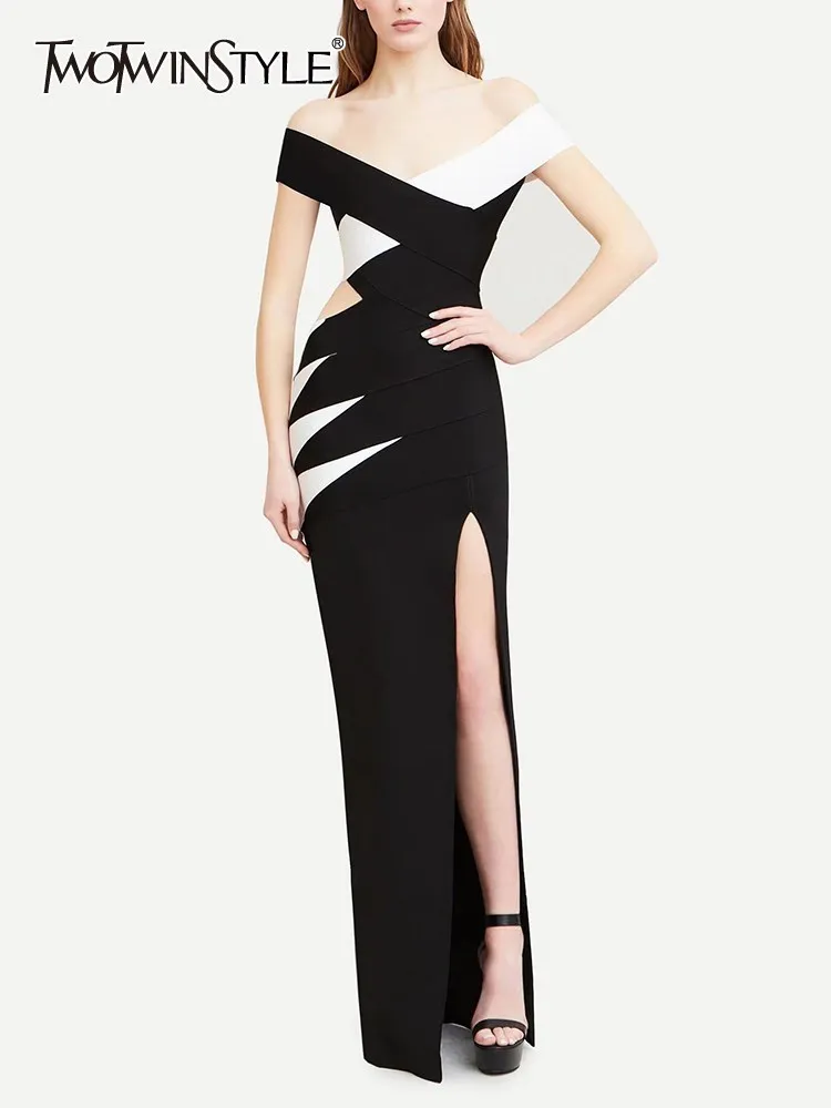 TWOTWINSTYLE Colorblock Hollow Out Split Dresses For Women Slash Neck Sleeveless High Waist Chic Dress Female Fashion Clothes
TWOTWINSTYLE Colorblock Hollow Out Split Dresses For Women Slash Neck Sleeveless High Waist Chic Dress Female Fashion Clothes