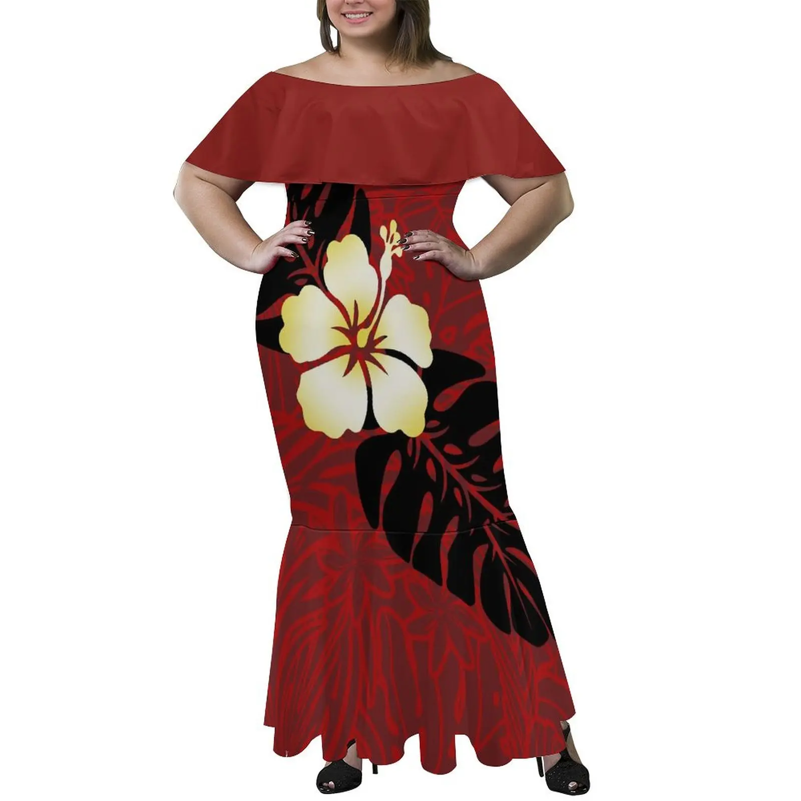 

Women'S Sexy Off-The-Shoulder Dress Large Size Floor-Length Fishtail Dress Polynesian Tribal Design Pattern Dinner Gown