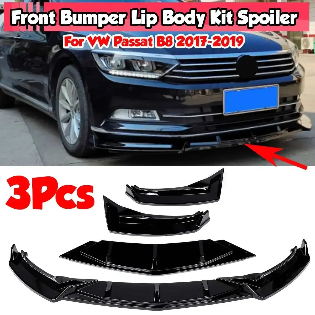 

3Pieces Car Front Bumper Splitter Lip Diffuser Spoiler Protection Guard Deflector Lips For VW For Passat B8 2017-2019 Body Kit