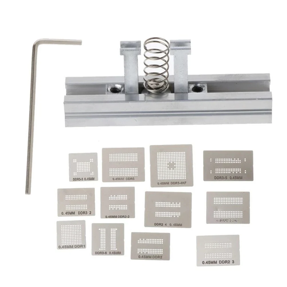 14pcs BGA Directly Heat Rework Reballing Universal Stencil+Reballing Station For DDR2 DDR3 DDR2-3 DDR5 Welding Rework Repair
14pcs BGA Directly Heat Rework Reballing Universal Stencil+Reballing Station For DDR2 DDR3 DDR2-3 DDR5 Welding Rework Repair