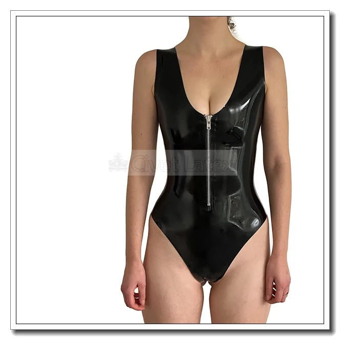 

Civet Civet Latex Leotard Front Meta Short Zip Deep V Style Sliming Sexy Customized 0.4mm J23