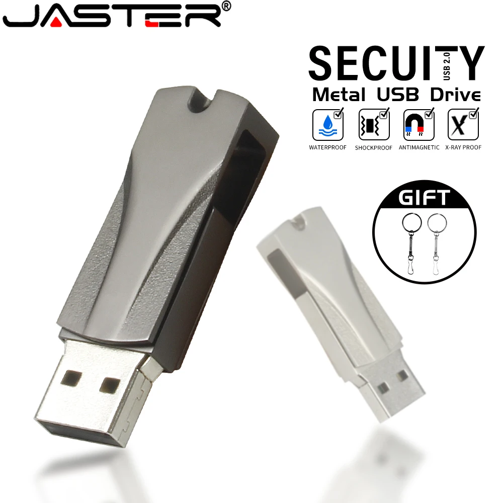 

JASTER Rotatable USB 2.0 Flash Drives 64GB Real Capacity Memory Stick Black Mini Metal Pen Drive 32GB Free Key Chain Silver U di