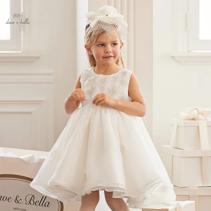 

Dave Bella Girl's Princess Dress 2024 New Summer Children's Baby Sleeveless White Mesh Noble Cute Sweet Charm Party DB2241509
