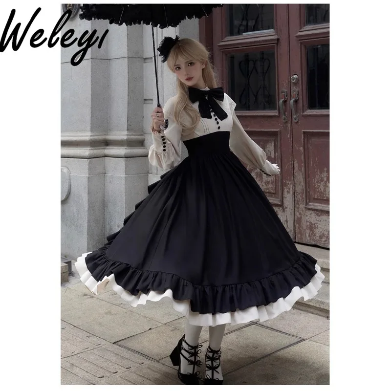 

Lolita Summer Dress Women Clothes Autumn Sweet Fake Two Piece Rose Embroidery Waist Controlled Long Sleeves Large Swing Dresses