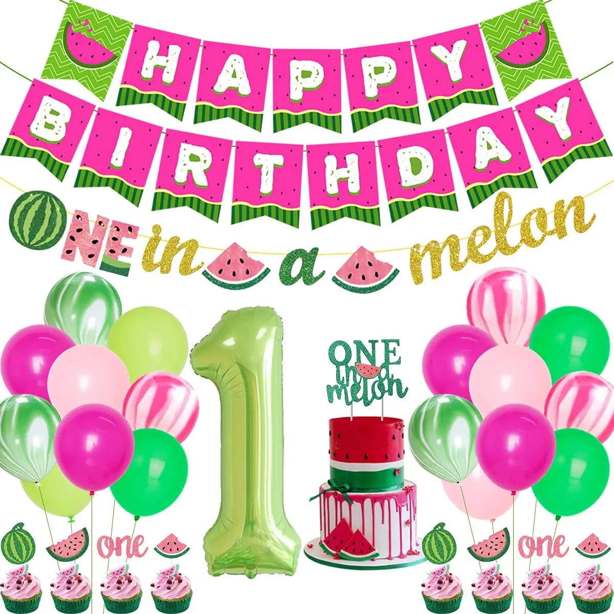 

Watermelon 1st Birthday Decorations for Girl One In A Melon Birthday Banner Cake Toppers Watermelon First Birthday Party Decor