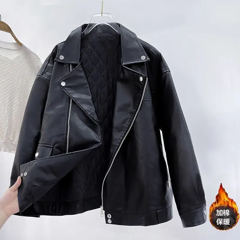 

Winter Warm Women Fur Coat Bomber Motorcycle Jacket Streetwear Padded Cotton Zipper Long Sleeve Windproof PU Leather Outerwear