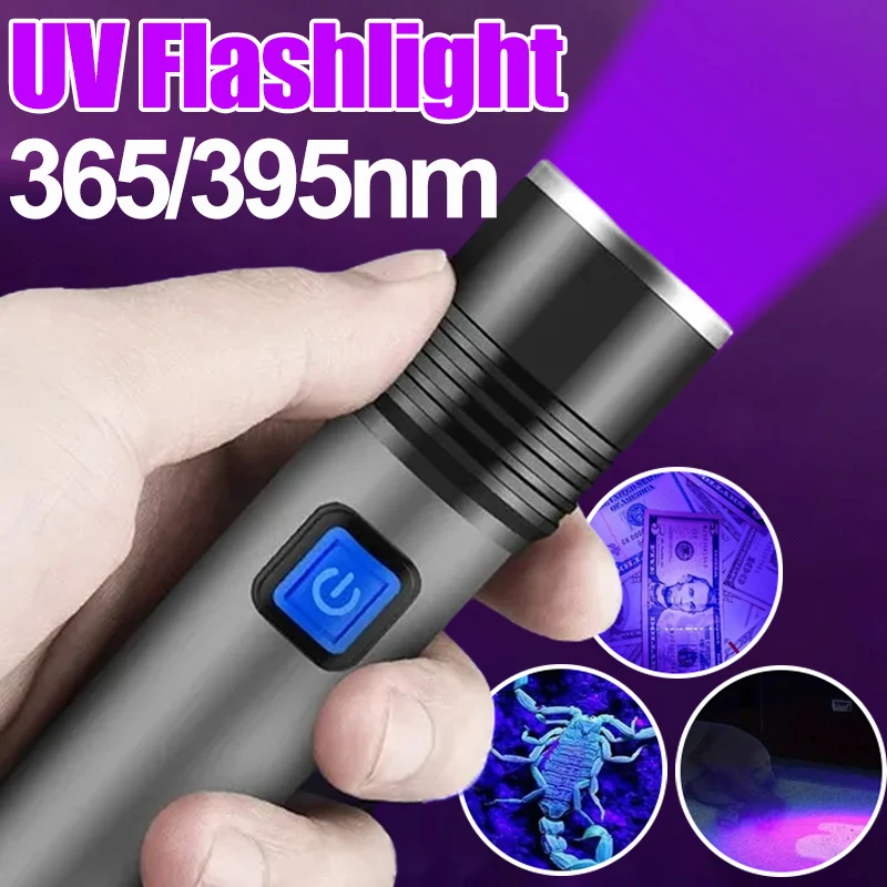 

Rechargeable LED UV Flashlight Ultraviolet Torch Zoomable 365/395nm UV Black Light Pet Urine Stains Detector Scorpion Hunting