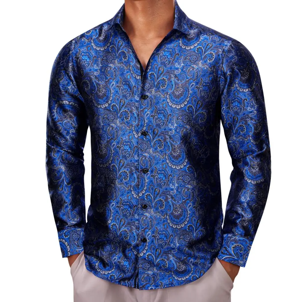 

Дизайнерские рубашки для мужчин, шелковые синие приталенные мужские блузки с цветочным принтом и длинным рукавом, повседневные официальные топы, дышащие рубашки Barry Wang