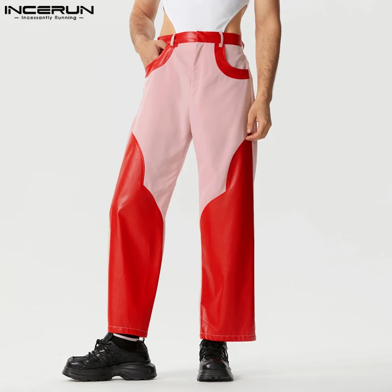 

INCERUN American Style Men's Pantalons Personality Stitching Contrasting Color Pants Casual Streetwear PU Leather Trousers S-5XL