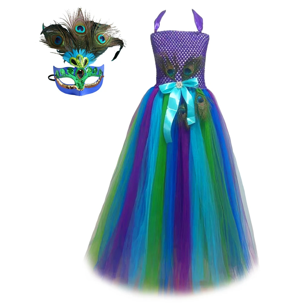 

Peacock Long Tutu Dress With Mask Girls Birthday Halloween Costumes Kids Evening Party Fancy Dresses Princess Pageant Ball Gown