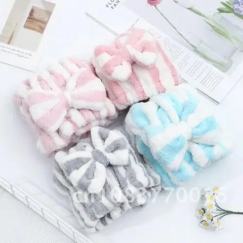 

Quick Drying Microfibre Hair Bath Striped Bowknot Wrap Towel Hat Cap For Bathroom Accessories Velvet Bowknot