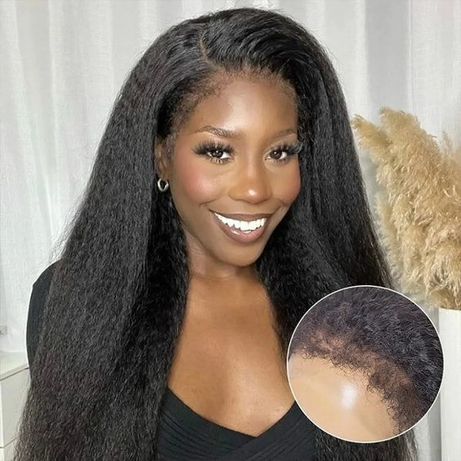 

4C Kinky Edges Natural Hairline Wig 13x4 Kinky Straight HD Lace Front Human Hair Wigs With Curly Baby Hair 4X4 Lace Closure Wig