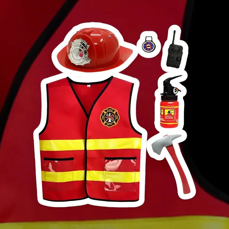 

2024 Kids Firefighter Cosplay Clothes Set Fireman Vest,Axe,Cap for Halloween, Fancy Dress & Carnival for Ages 3-10 Years Costume
