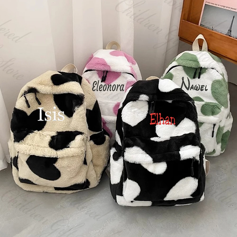 

Custom Embroidered Women's Backpack Personalized Name Girl's Plush Bag Fashion Student Soft Schoolbag Plush Travelling Backpacks