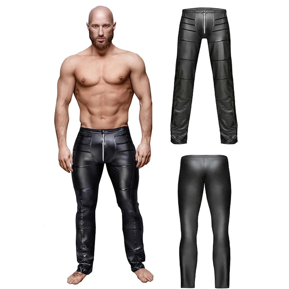 

Men Black PU Wetlook Leather Pant Patchwork Open Front Zipper Design Moto Jeans Clubwear Trousers Nightclub Pants Shiny Trousers
