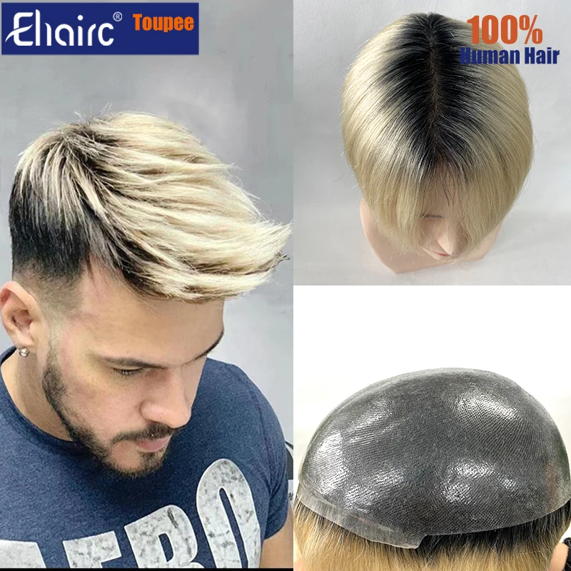 

Ombre 0.08MM Male Hair Prosthesis Double Knotted Durable Men's Capillary Prothesis Toupee Men Wigs For Man 100% Human Hair