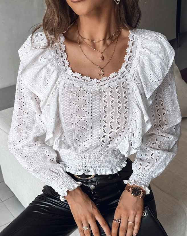 

Fashion Women Blouses Spring Women's White Long Sleeved Shirt Frill Hem Eyelet Embroidery Shirred Top Plain Casual Blouse