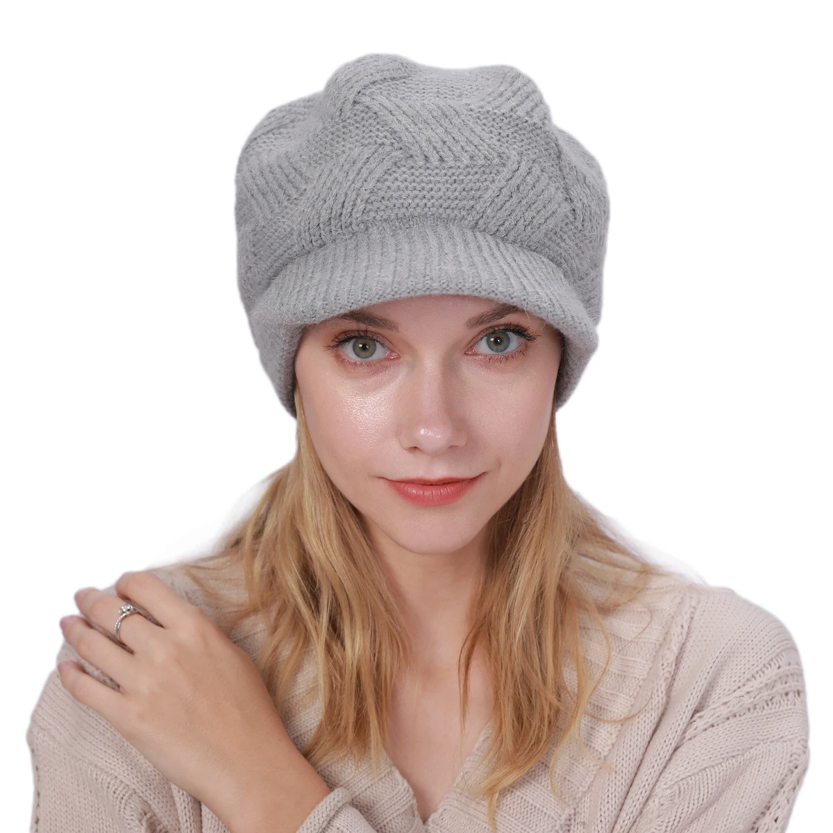 

Women Winter Warm Fleece Lined Slouchy Skull Beanie Visor Cap Knitted Newsboy Hats Ladies Cold Weather Snow Hat Brimmed
