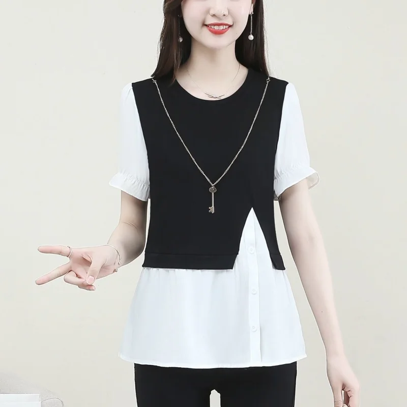 

Summer temperament elegant Versatile Women's Clothing Splice Buttons Simplicity Round Neck Short Sleeve Casual Commuter Shirt