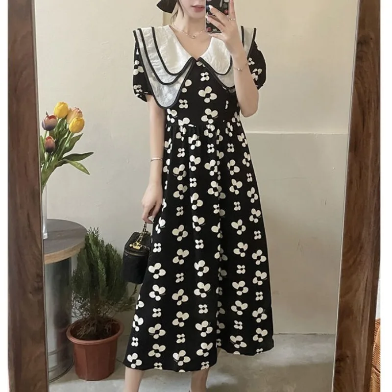 

Retro Hepburn Style Floral Women's 2024 Summer Patchwork Waistband Slimming French Pullover Doll Neck Collar Folds Casual Dress