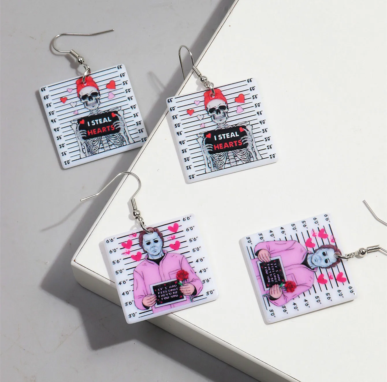 

Funny Cartoon Movie Character Square Acrylic Earrings for Women New Skull Love Heart Dangle Earring Jewelry Valentine's Day Gift