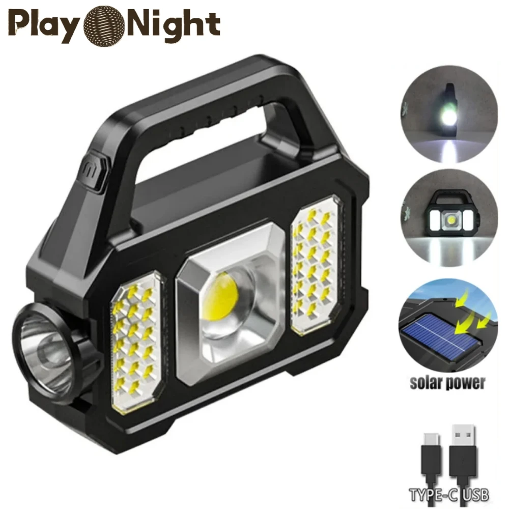 

Portable LED COB Flashlights Solar Rechargeable Camping Work Light Multifunction 6 Modes Super Bright Handheld Flash Lanterns