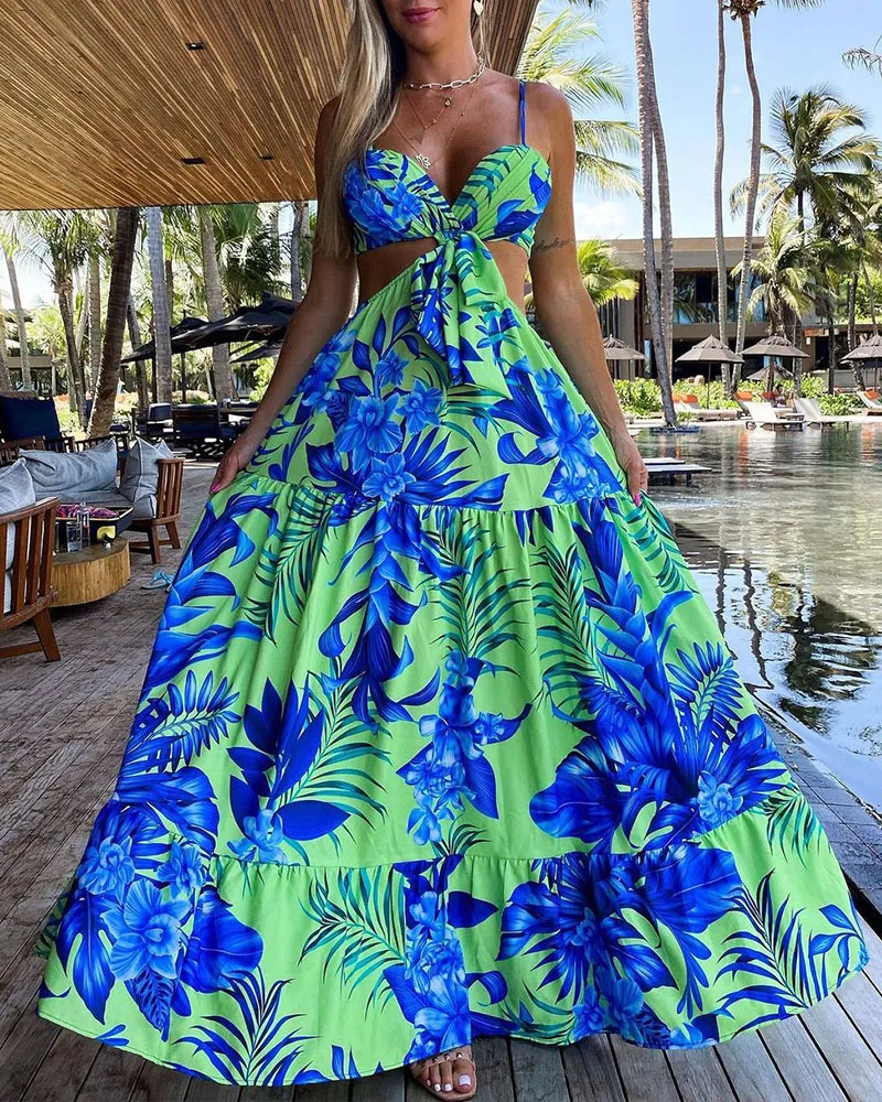 

Women's Summer Hollow Out Maxi Dress Sexy Italian Noodle Lace up Details Tropical Print Camo Beach Maxi Long Dress 2023