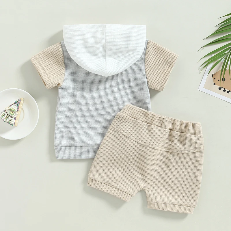 

Infant Baby Boys Summer Clothes Color Contrast Short Sleeve Hoodie Tops Jogger Shorts 2Pcs Waffle Casual Outfits