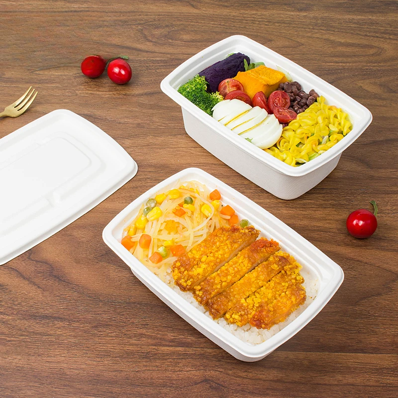 

50pcs Disposable Pulp White Packaging Box with Lid white Degradable Salad Takeout Rectangular sealing Lunch cover Box