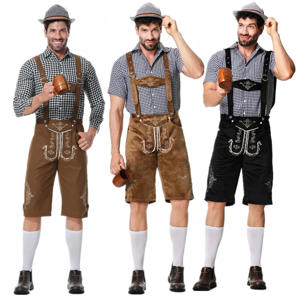 

Men Carnival Oktoberfest Lederhosen Outfit Suspenders Shorts Shirt Hat German Bavarian Beer Male Cosplay Halloween Party Costume
