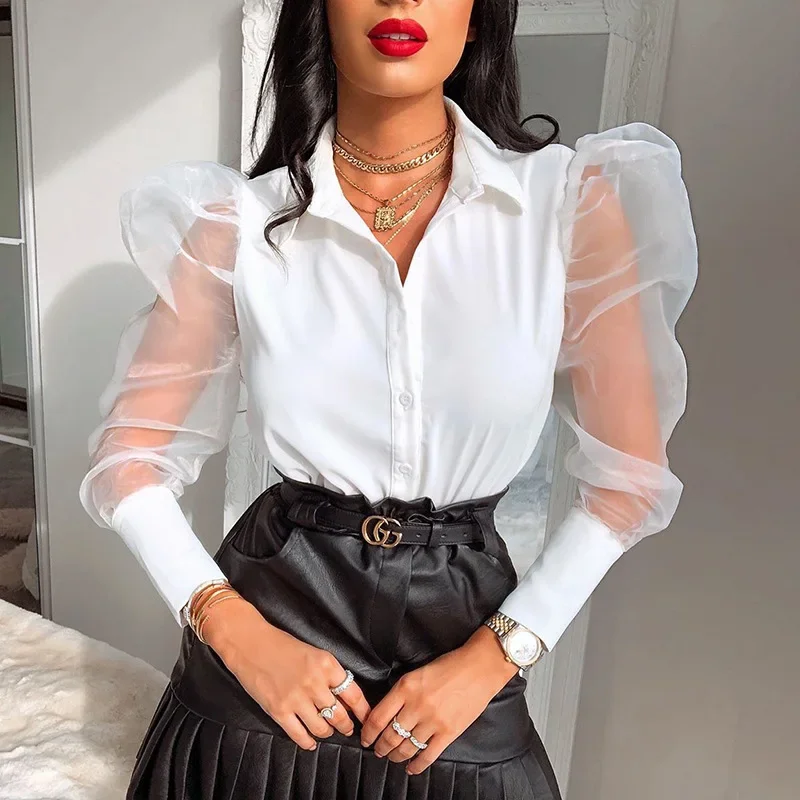 

Retro Shirt Women's Stitching Puff Sleeve Long-sleeved Elegant Top Women's White Shirt Fashion Design Organza Top Office Lady