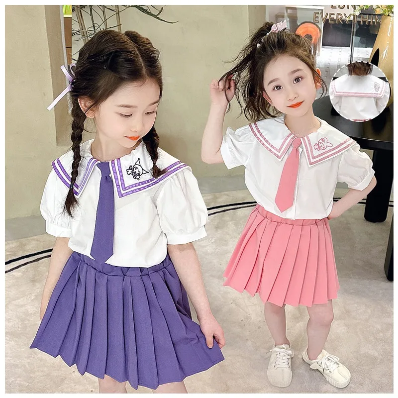 

Sanrioed My Melody Kuromi Girl's Sweet Academy Style Uniform Set Cute Navy Collar Short Sleeved Shirt JK Pleated Skirt Kids Gift