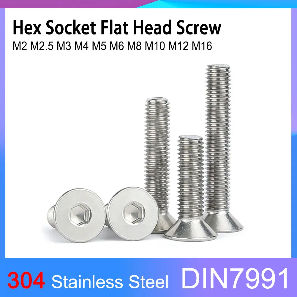 

High Quality DIN7991 A2-70 Hex Socket Flat Countersunk Head Screws 304 Stainless Steel Bolts M2 M2.5 M3 M4 M5 M6 M8 M10 M12 M16