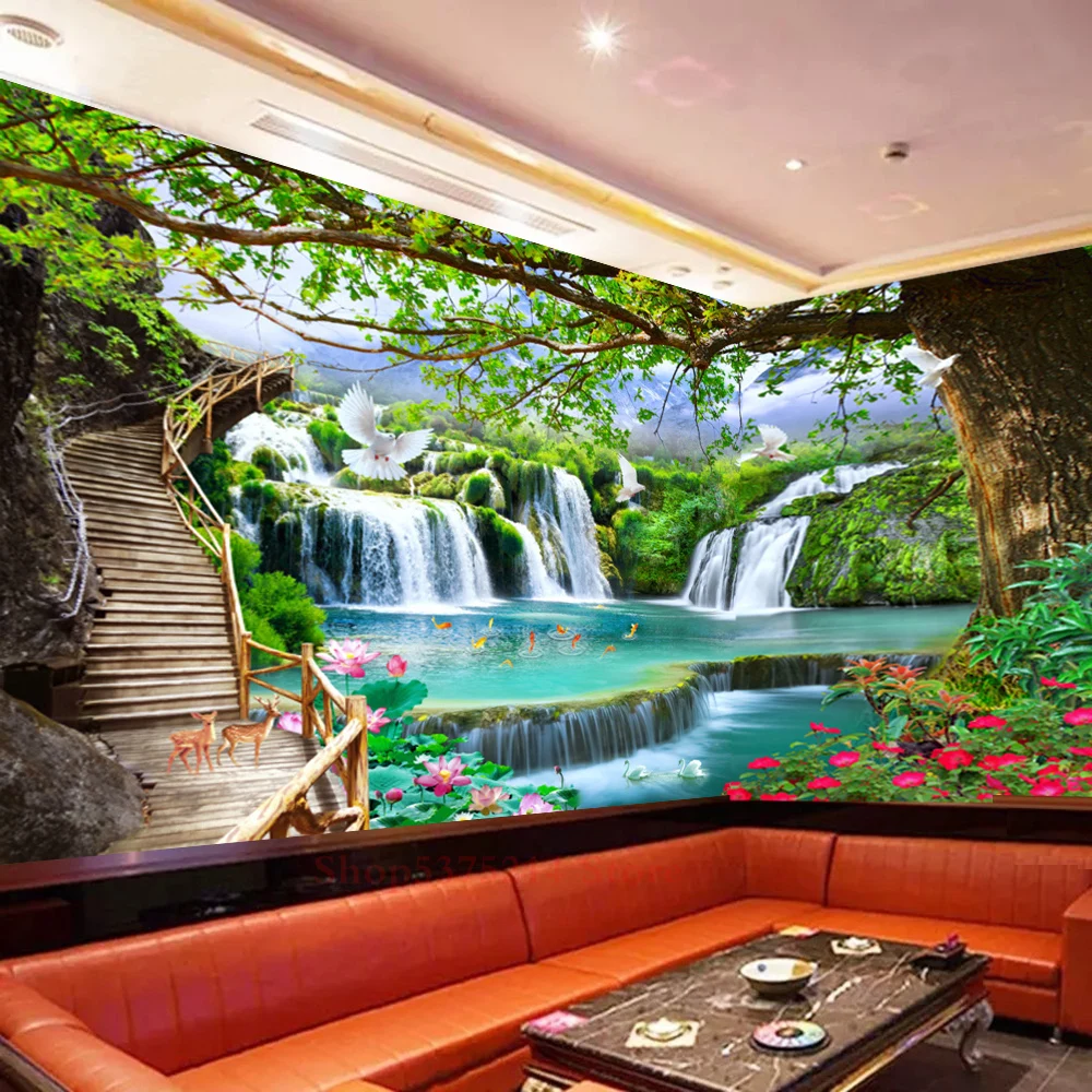 

3D Stereo Waterfall Wallpaper Chinese Style Wooden Bridge Landscape Custom Any Size Living Room Bedroom Home KTV Sofa Background